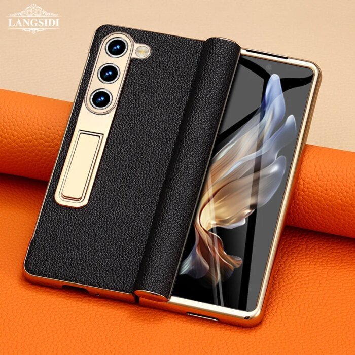 Leather Phone Case for Samsung Galaxy Z Fold 6 5 4 3 Fold6 Fold5 Gold Plating Magnetic Hinge Stand Back Cover with Mirror Film - Image 1