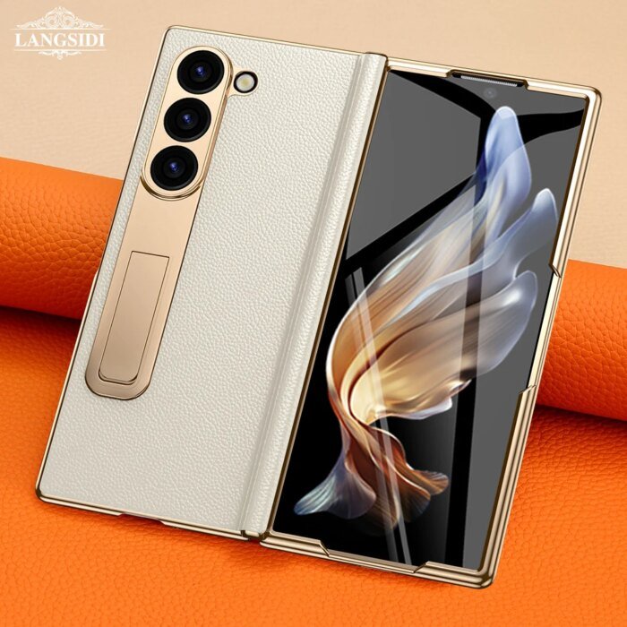 Leather Phone Case for Samsung Galaxy Z Fold 6 5 4 3 Fold6 Fold5 Gold Plating Magnetic Hinge Stand Back Cover with Mirror Film - Image 3