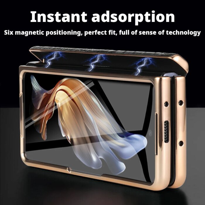 Leather Phone Case for Samsung Galaxy Z Fold 6 5 4 3 Fold6 Fold5 Gold Plating Magnetic Hinge Stand Back Cover with Mirror Film - Image 4