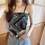 Women Fashion Satin Tie Back Knot Spaghetti Bandana Tube Crop Top Print Sleeveless Vest Blouse Basic Plain Camisole