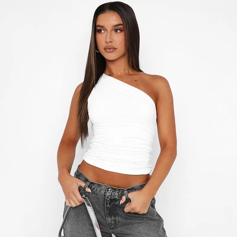 Solid Color One Shoulder Backless Shrink Tank Top T-Shirt Candy Color Tight Sexy Sleeveless Neckless Slim Casaul Top Solid Color One Shoulder Backless Shrink Tank Top T-Shirt Candy Color Tight Sexy Sleeveless Neckless Slim Casaul Top