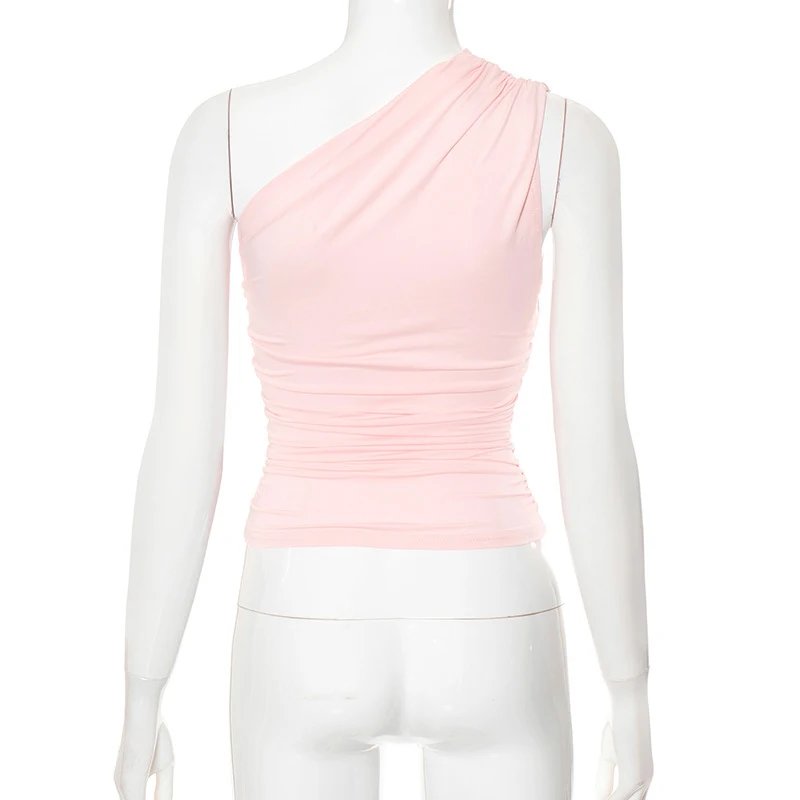 Solid Color One Shoulder Backless Shrink Tank Top T-Shirt Candy Color Tight Sexy Sleeveless Neckless Slim Casaul Top Solid Color One Shoulder Backless Shrink Tank Top T-Shirt Candy Color Tight Sexy Sleeveless Neckless Slim Casaul Top
