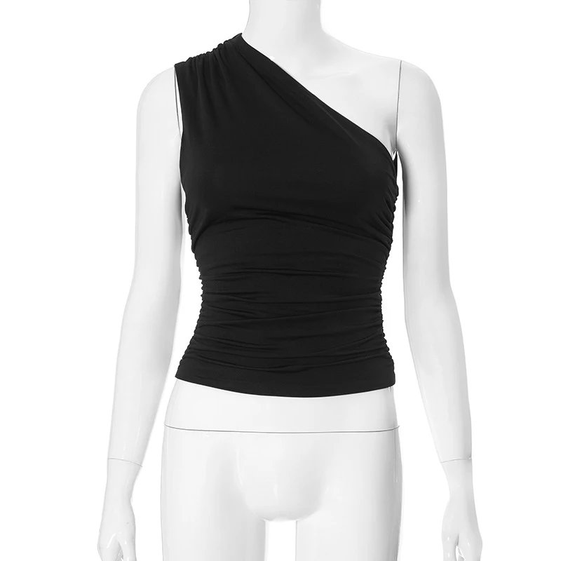 Solid Color One Shoulder Backless Shrink Tank Top T-Shirt Candy Color Tight Sexy Sleeveless Neckless Slim Casaul Top Solid Color One Shoulder Backless Shrink Tank Top T-Shirt Candy Color Tight Sexy Sleeveless Neckless Slim Casaul Top