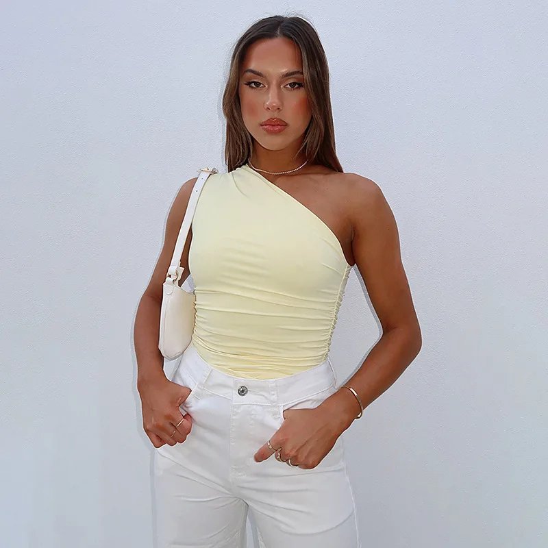 Solid Color One Shoulder Backless Shrink Tank Top T-Shirt Candy Color Tight Sexy Sleeveless Neckless Slim Casaul Top Solid Color One Shoulder Backless Shrink Tank Top T-Shirt Candy Color Tight Sexy Sleeveless Neckless Slim Casaul Top