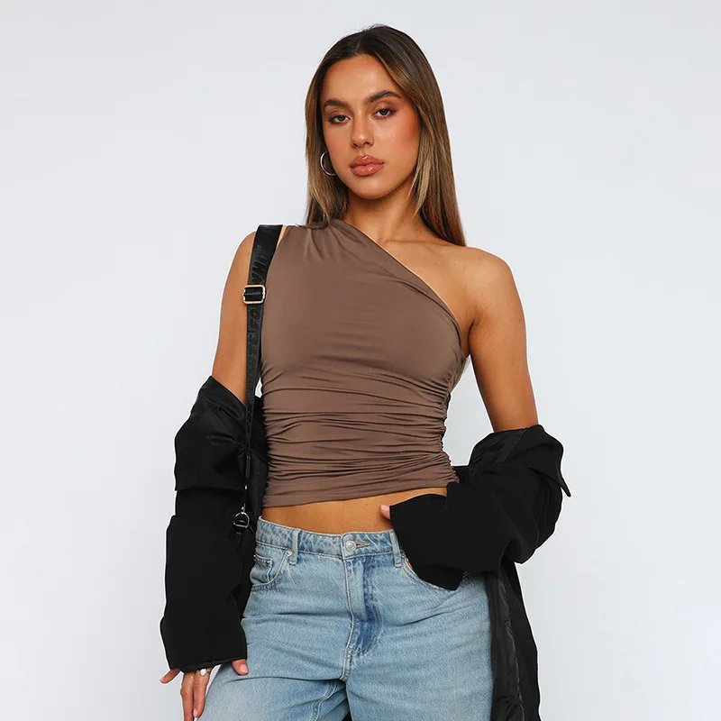 Solid Color One Shoulder Backless Shrink Tank Top T-Shirt Candy Color Tight Sexy Sleeveless Neckless Slim Casaul Top Solid Color One Shoulder Backless Shrink Tank Top T-Shirt Candy Color Tight Sexy Sleeveless Neckless Slim Casaul Top