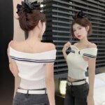 Korean Bow Knit Knitted Short Sleeve Women Korean Fashion Stripe One Shoulder Female Tops Sexy Slim Crop Top 2000S Aesthetic - Image 6