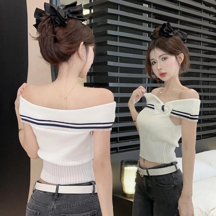 Korean Bow Knit Knitted Short Sleeve Women Korean Fashion Stripe One Shoulder Female Tops Sexy Slim Crop Top 2000S Aesthetic - Image 6
