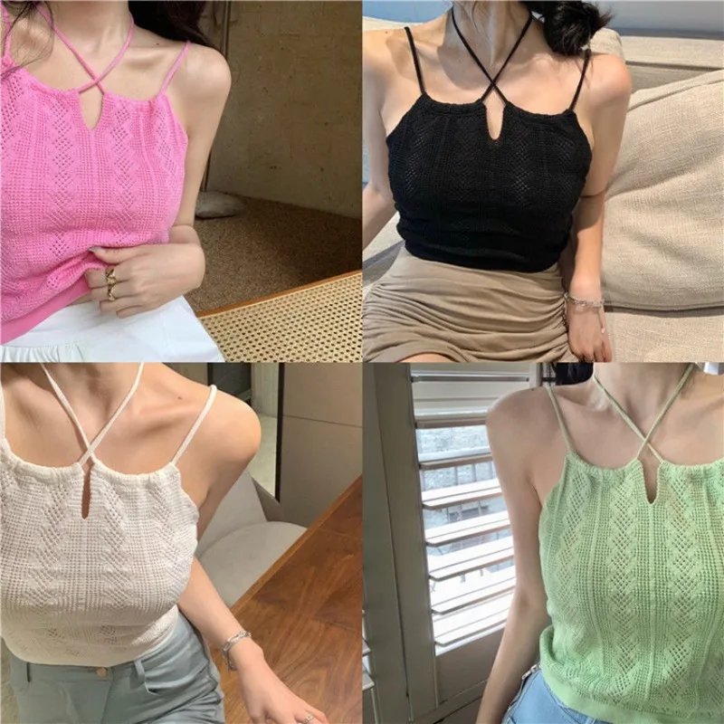 Women Sexy Halter Tank Tops Summer Hollow Out Knitted Solid Color Cropped Tops Ladies Strappy Camisole Crop Top For Women Tanks