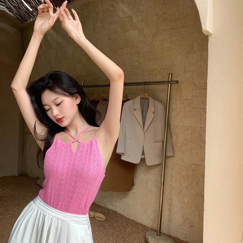 Women Sexy Halter Tank Tops Summer Hollow Out Knitted Solid Color Cropped Tops Ladies Strappy Camisole Crop Top For Women Tanks