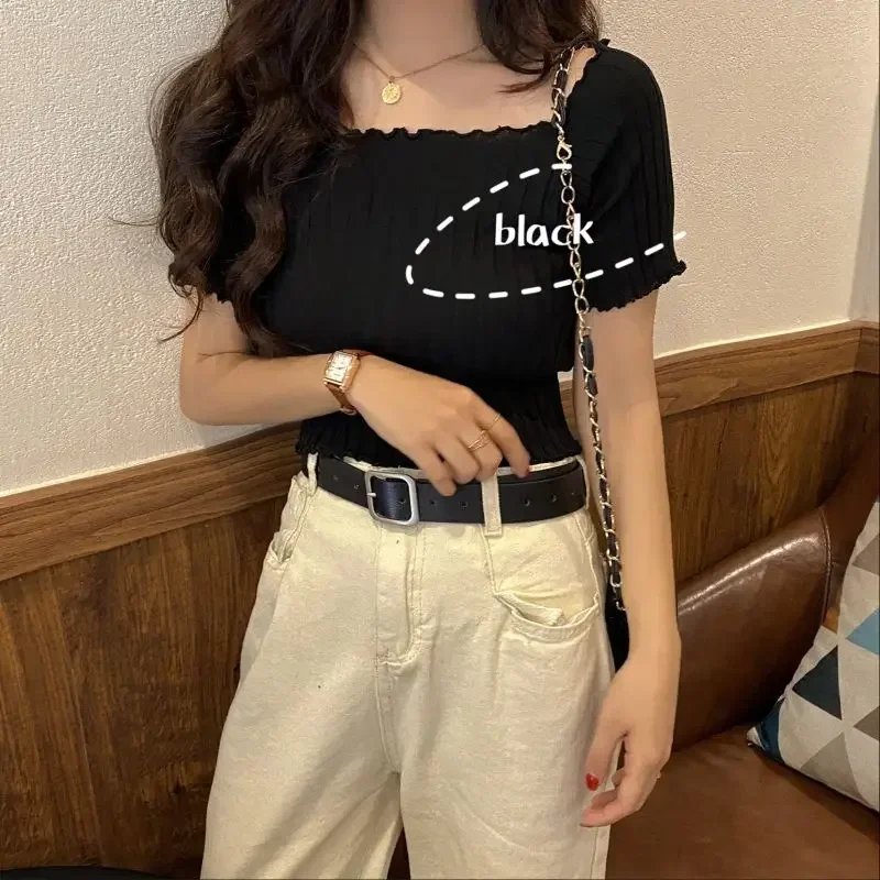 Off The Shoulder Top Women Knitted Sexy Short Sleeve Slim Fit T-Shirts Crop Top Y2k Top Summer Clothes Korean Casual Tees Female