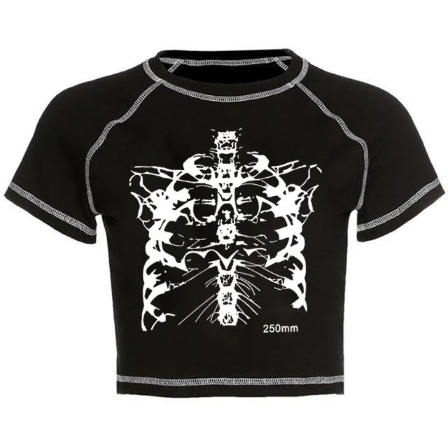 Aesthetic skeleton women's T-shirt Harajuku Y2K black sweet girl slim skull print fun vintage graphic clothes crop top E-girl Aesthetic skeleton women's T-shirt Harajuku Y2K black sweet girl slim skull print fun vintage graphic clothes crop top E-girl