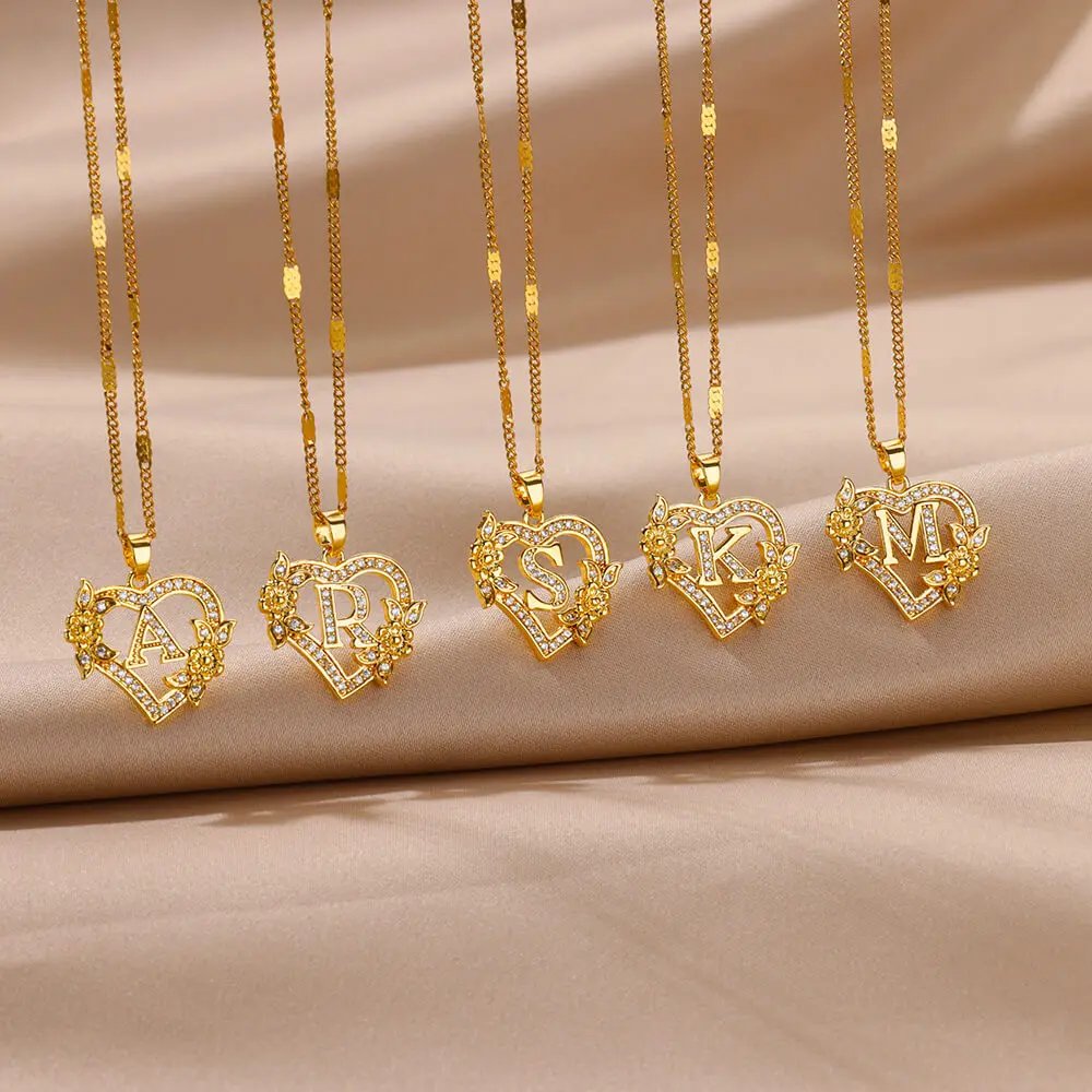 Zircon Flower Heart Initials Necklaces For Women Stainless Steel Heart Lover Gold Color Letter Chain Collar Necklace Jewelry Zircon Flower Heart Initials Necklaces For Women Stainless Steel Heart Lover Gold Color Letter Chain Collar Necklace Jewelry