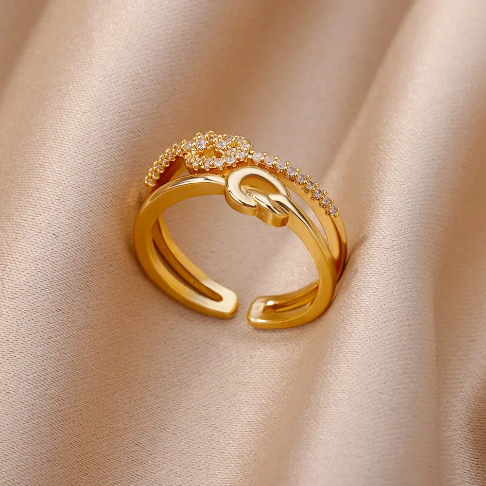 Fashion Gold Color Stainless Steel Rings For Women Chain Hollow Out Crystal Zircon Finger Ring Jewelry 2023 Gift anillos mujer