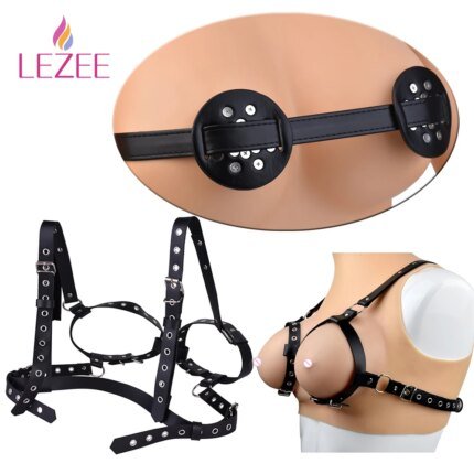 LEZEE Sexy Belt Body Bondage Harness Nipple Clamp Spiked Breast Cover Strap On Lingerie BDSM Bra Leather Gothic Sex Toys Women