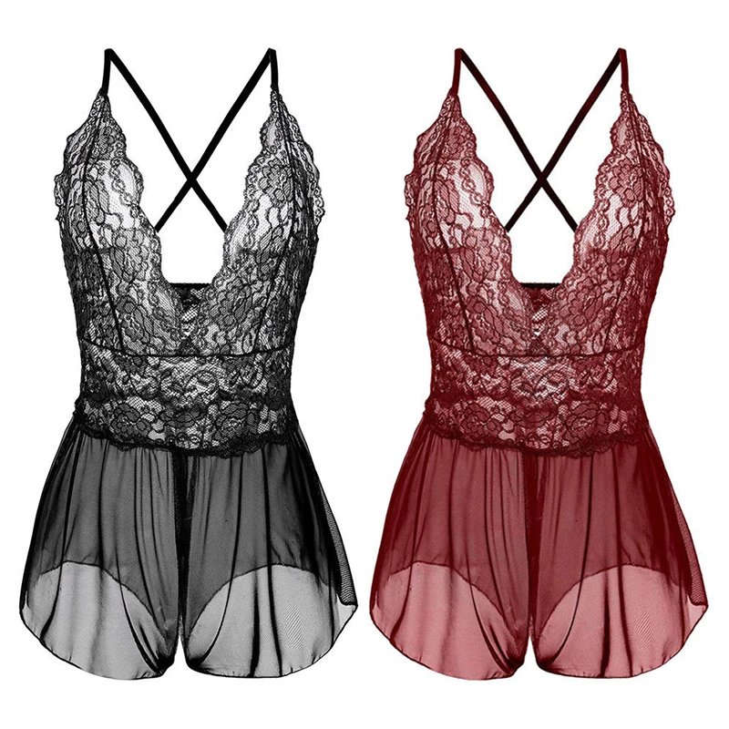 Sexy Open Crotch Lingerie Women Plus Size Bodysuit Erotic Costumes Mesh Lace Teddy Baby Doll Maid Dress Cosplay Lolita Uniform