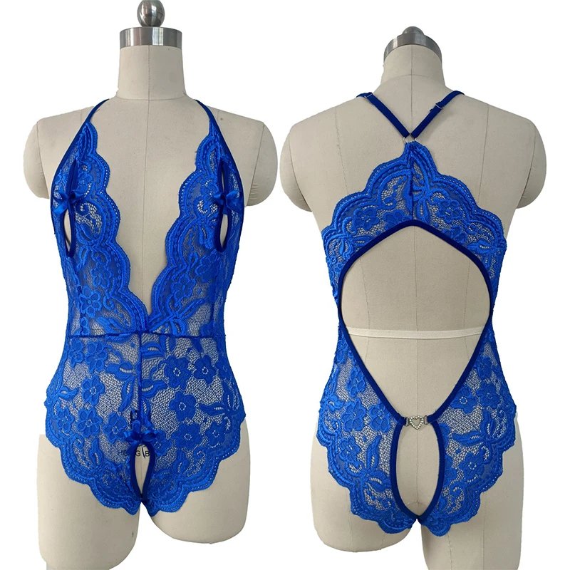 Sexy Open Crotch Lingerie Women Plus Size Bodysuit Erotic Costumes Mesh Lace Teddy Baby Doll Maid Dress Cosplay Lolita Uniform