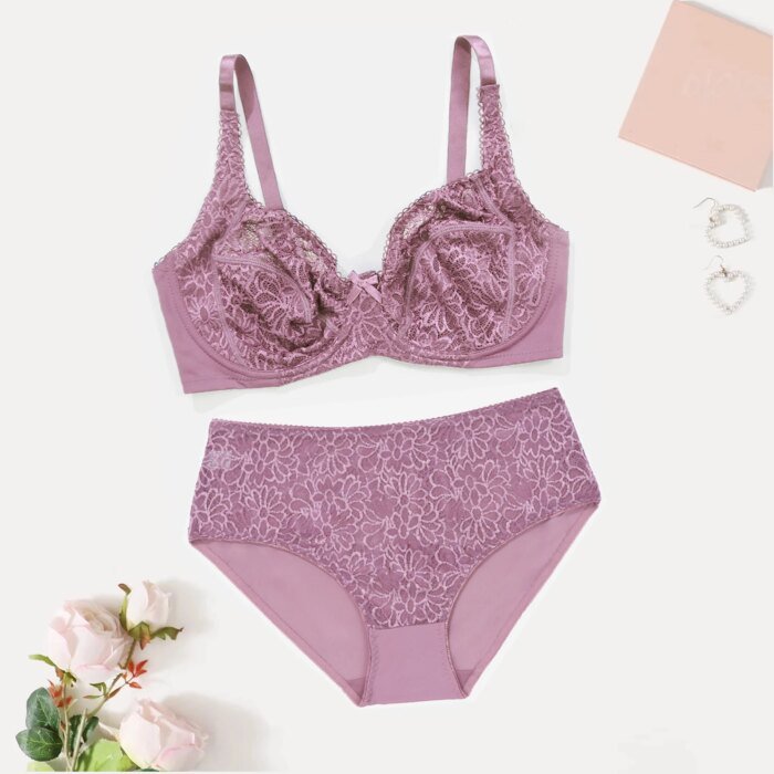 BEAUWEAR Female Big Size Lace Lingerie Set Bra with Wire Unlined Thin Breathable Bra and Panties Set 85C-110E - Image 1