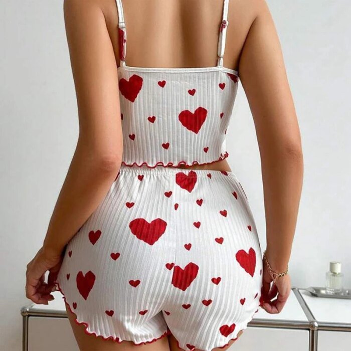 Heart Women Pajamas Set Shorts Sleepwear Heart Pajamas White Ventilate Soft Casual Love Printing Top and Shorts Loungewear - Image 2
