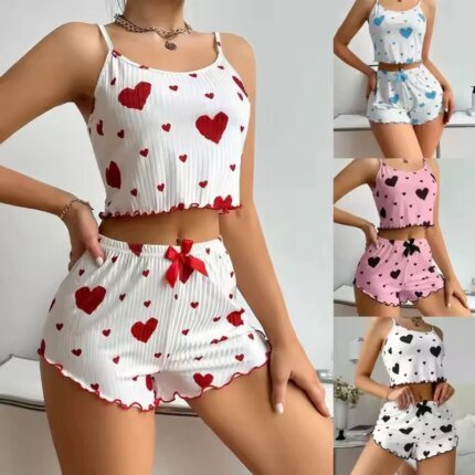 Heart Women Pajamas Set Shorts Sleepwear Heart Pajamas White Ventilate Soft Casual Love Printing Top and Shorts Loungewear
