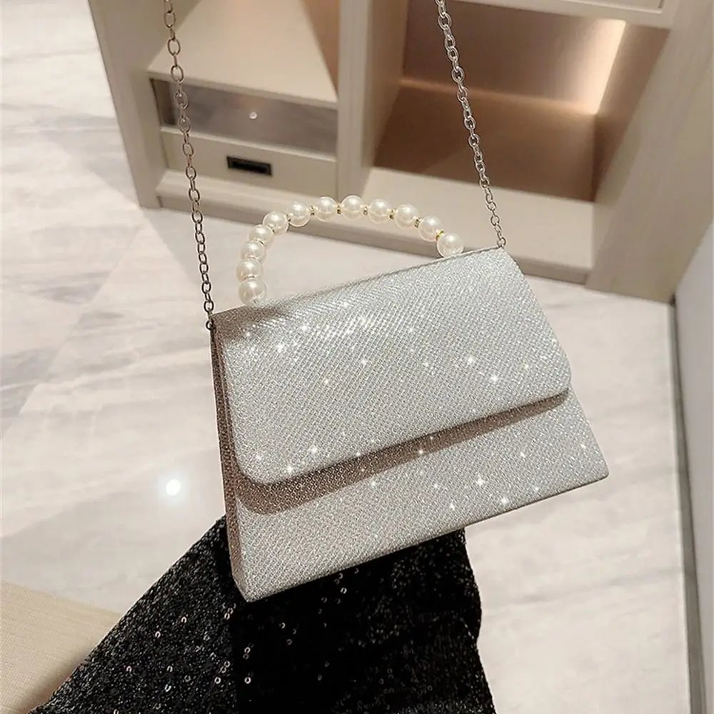 Pearl Chain Shoulder Bags Luxury Purse Gold Bright Silk Evening Bag Women Elegant Fashion Banquet Clutch Female Handbag Pearl Chain Shoulder Bags Luxury Purse Gold Bright Silk Evening Bag Women Elegant Fashion Banquet Clutch Female Handbag