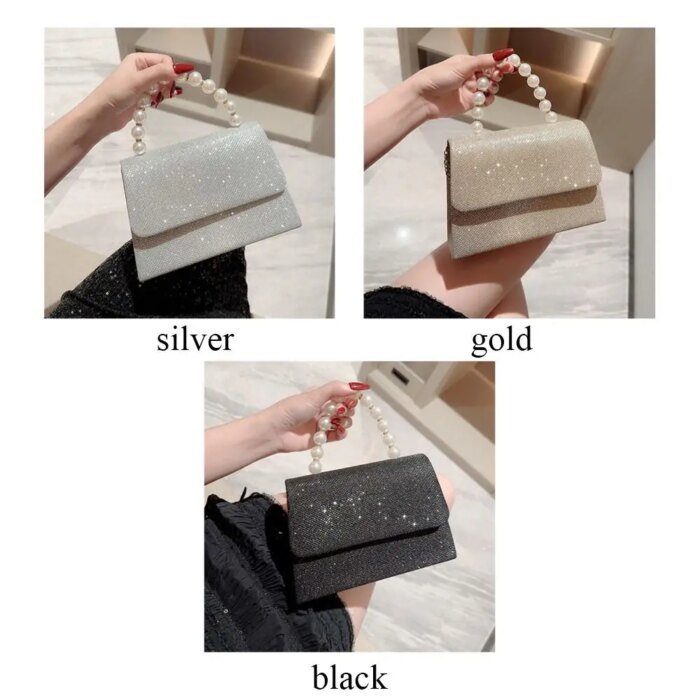 Pearl Chain Shoulder Bags Luxury Purse Gold Bright Silk Evening Bag Women Elegant Fashion Banquet Clutch Female Handbag - Image 5
