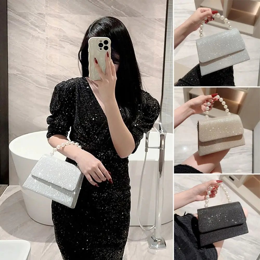Pearl Chain Shoulder Bags Luxury Purse Gold Bright Silk Evening Bag Women Elegant Fashion Banquet Clutch Female Handbag Pearl Chain Shoulder Bags Luxury Purse Gold Bright Silk Evening Bag Women Elegant Fashion Banquet Clutch Female Handbag