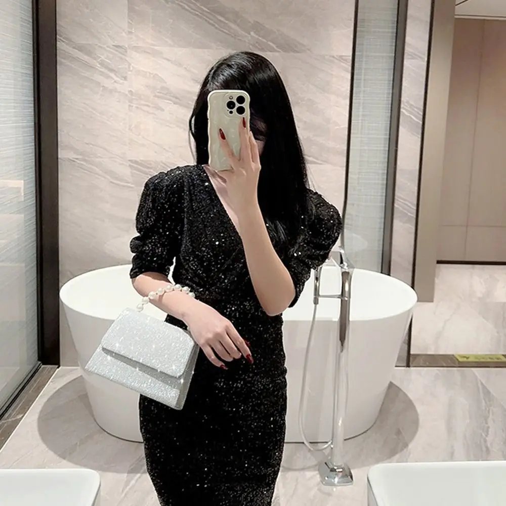 Pearl Chain Shoulder Bags Luxury Purse Gold Bright Silk Evening Bag Women Elegant Fashion Banquet Clutch Female Handbag Pearl Chain Shoulder Bags Luxury Purse Gold Bright Silk Evening Bag Women Elegant Fashion Banquet Clutch Female Handbag