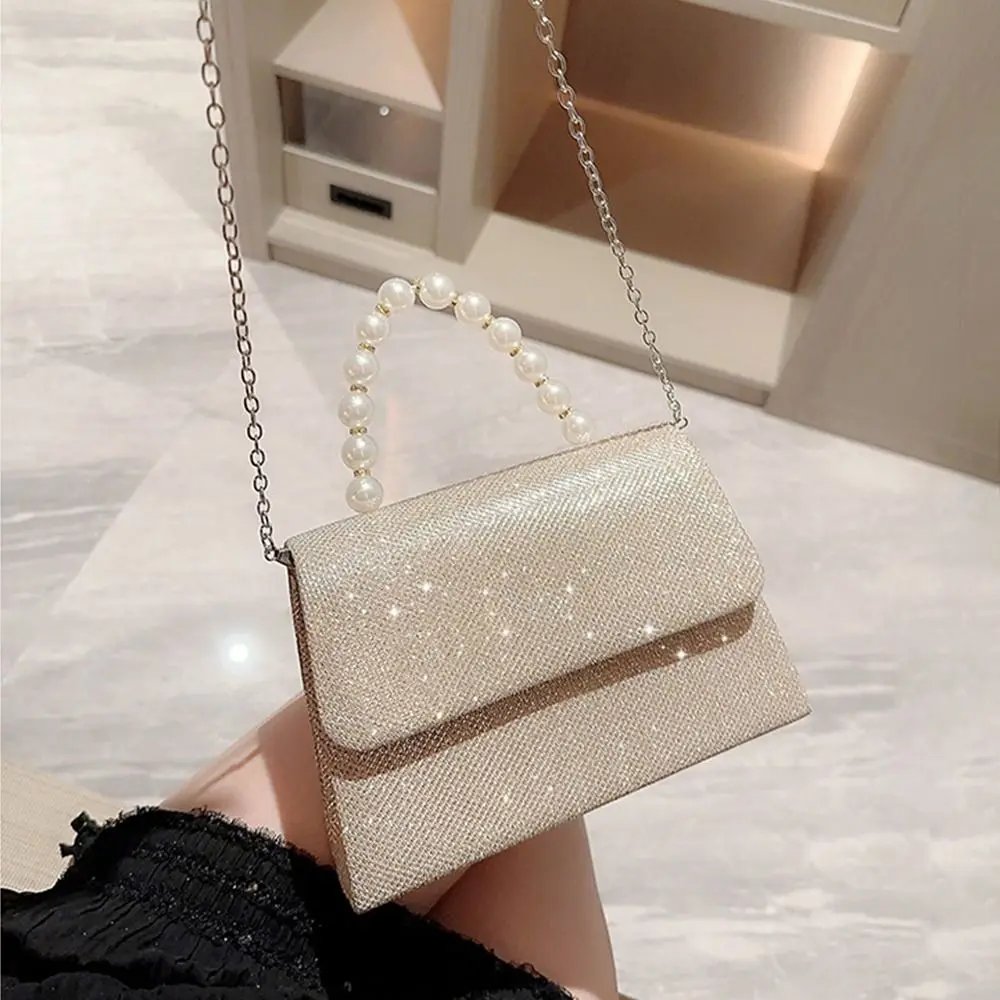 Pearl Chain Shoulder Bags Luxury Purse Gold Bright Silk Evening Bag Women Elegant Fashion Banquet Clutch Female Handbag Pearl Chain Shoulder Bags Luxury Purse Gold Bright Silk Evening Bag Women Elegant Fashion Banquet Clutch Female Handbag