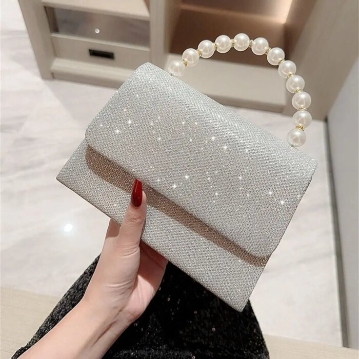 Pearl Chain Shoulder Bags Luxury Purse Gold Bright Silk Evening Bag Women Elegant Fashion Banquet Clutch Female Handbag - Image 1