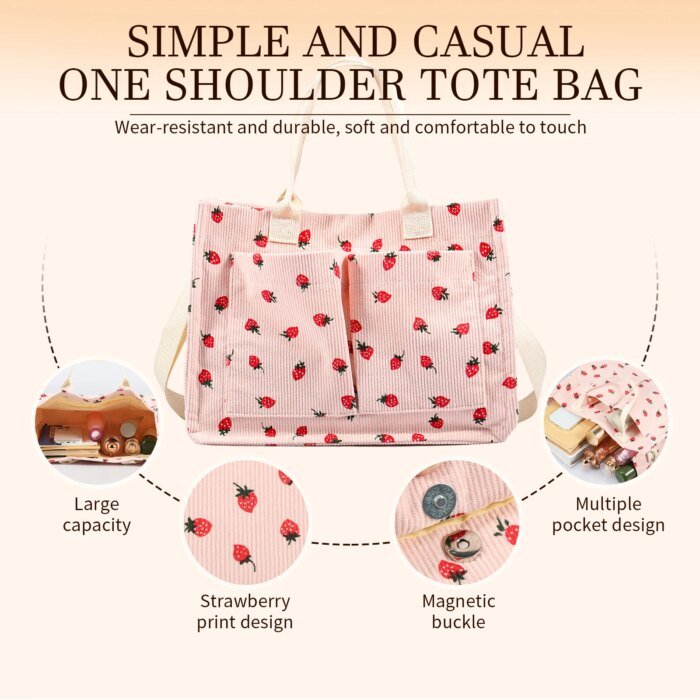 Tote Bag Cute Strawberry Patched Purse for Women Fabric Large Capacity Tote Purse Enduring Tote Bag with Adjustable Shoulder - Image 2