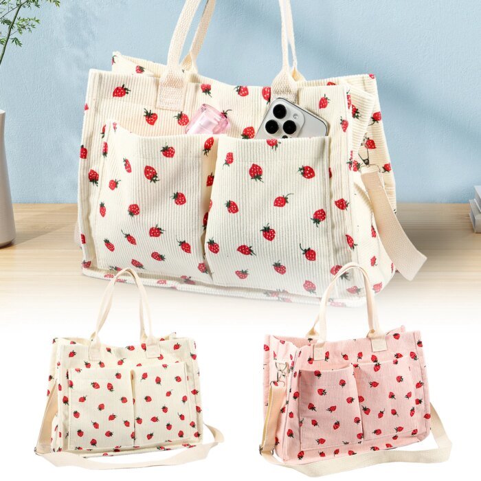 Tote Bag Cute Strawberry Patched Purse for Women Fabric Large Capacity Tote Purse Enduring Tote Bag with Adjustable Shoulder - Image 1