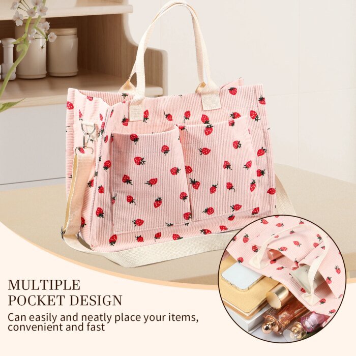 Tote Bag Cute Strawberry Patched Purse for Women Fabric Large Capacity Tote Purse Enduring Tote Bag with Adjustable Shoulder - Image 5