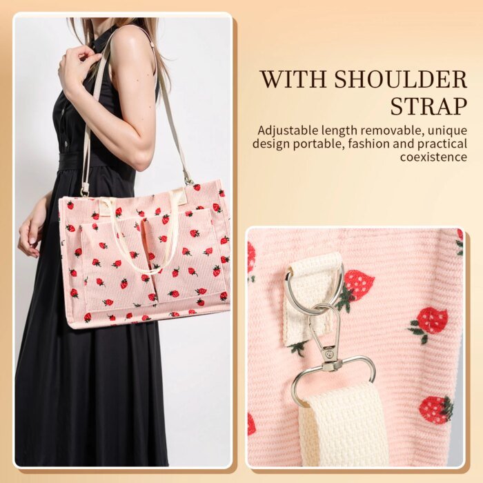 Tote Bag Cute Strawberry Patched Purse for Women Fabric Large Capacity Tote Purse Enduring Tote Bag with Adjustable Shoulder - Image 6