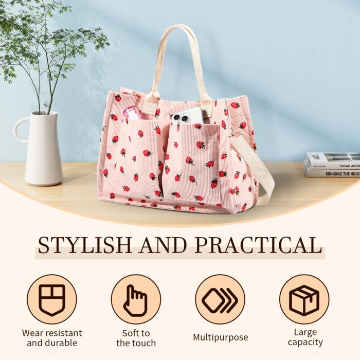Tote Bag Cute Strawberry Patched Purse for Women Fabric Large Capacity Tote Purse Enduring Tote Bag with Adjustable Shoulder - Image 3