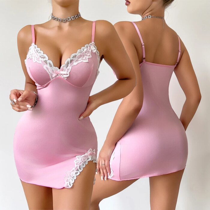 Summer hot Women Nightdress Seductive Pink Deep V Sleeveless Fashion Lace Sleep Pajamas Dress Ladies Lingerie Nightgown Homewear - Image 1