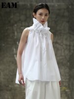 [EAM] Women White Ruffles Big Size Blouse New Stand Collar Sleeveless Loose Fit Shirt Fashion Tide Spring Summer 2025 1DF7975