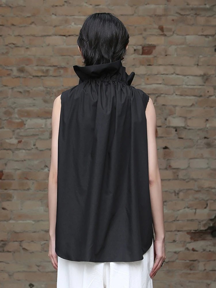 [EAM] Women White Ruffles Big Size Blouse New Stand Collar Sleeveless Loose Fit Shirt Fashion Tide Spring Summer 2025 1DF7975