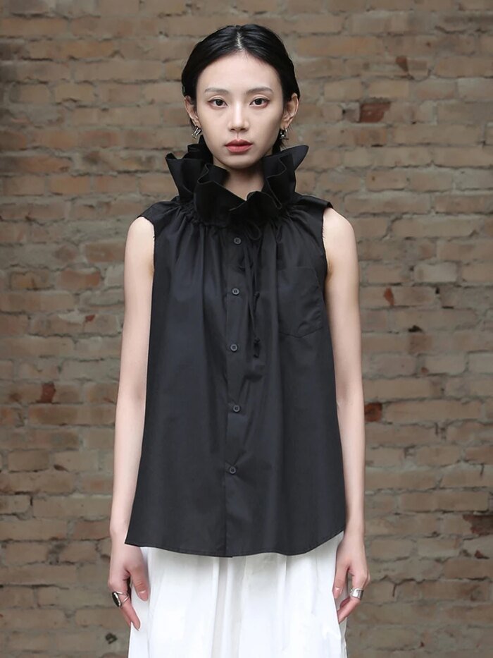 [EAM] Women White Ruffles Big Size Blouse New Stand Collar Sleeveless Loose Fit Shirt Fashion Tide Spring Summer 2025 1DF7975 - Image 3