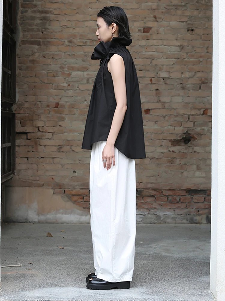 [EAM] Women White Ruffles Big Size Blouse New Stand Collar Sleeveless Loose Fit Shirt Fashion Tide Spring Summer 2025 1DF7975