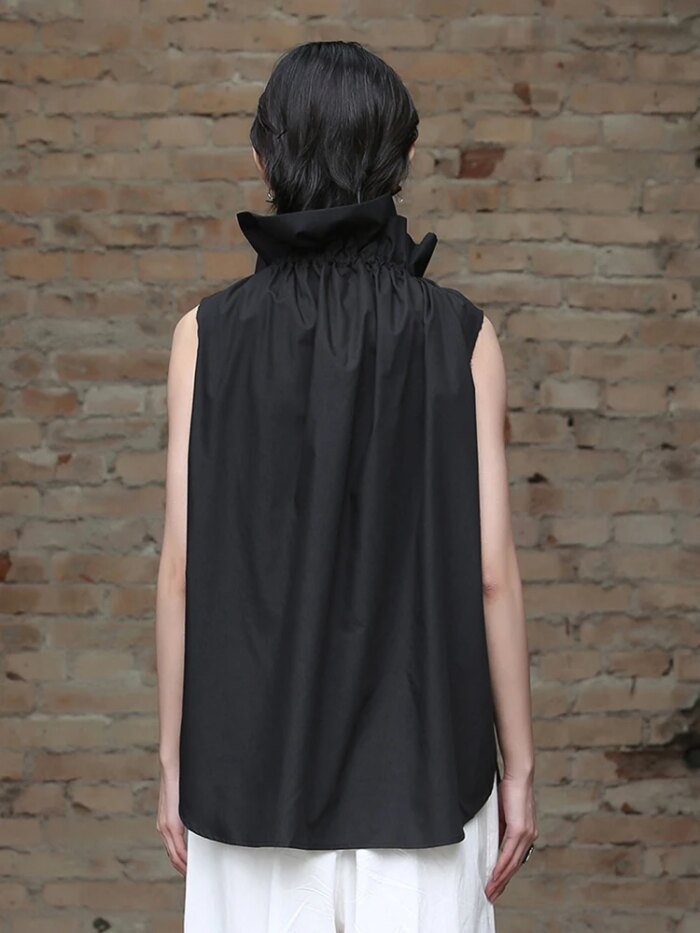[EAM] Women White Ruffles Big Size Blouse New Stand Collar Sleeveless Loose Fit Shirt Fashion Tide Spring Summer 2025 1DF7975 - Image 5