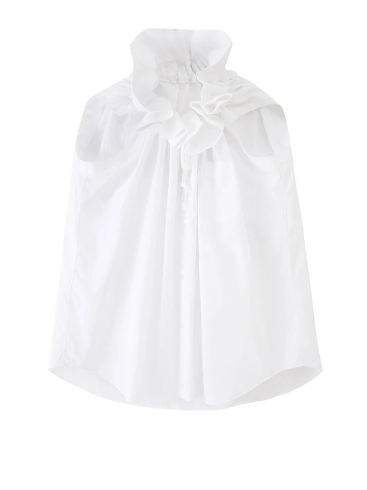 [EAM] Women White Ruffles Big Size Blouse New Stand Collar Sleeveless Loose Fit Shirt Fashion Tide Spring Summer 2025 1DF7975
