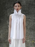 [EAM] Women White Ruffles Big Size Blouse New Stand Collar Sleeveless Loose Fit Shirt Fashion Tide Spring Summer 2025 1DF7975 - Image 2