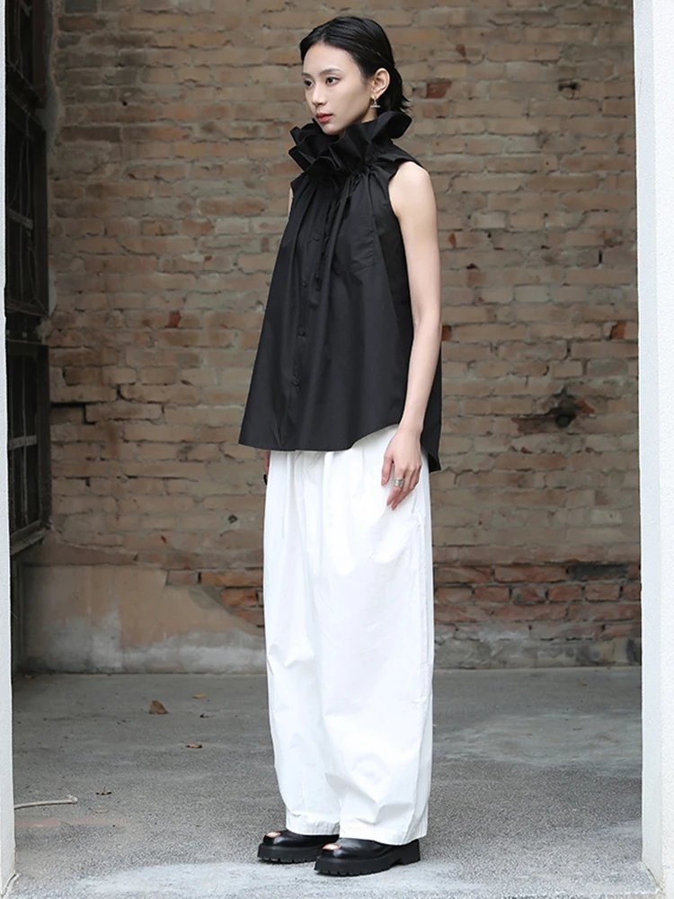 [EAM] Women White Ruffles Big Size Blouse New Stand Collar Sleeveless Loose Fit Shirt Fashion Tide Spring Summer 2025 1DF7975