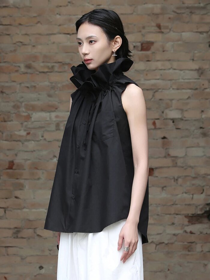 [EAM] Women White Ruffles Big Size Blouse New Stand Collar Sleeveless Loose Fit Shirt Fashion Tide Spring Summer 2025 1DF7975 - Image 4