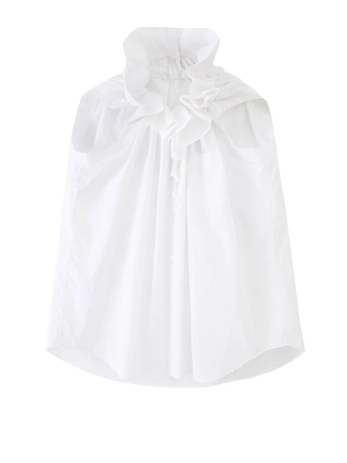 [EAM] Women White Ruffles Big Size Blouse New Stand Collar Sleeveless Loose Fit Shirt Fashion Tide Spring Summer 2025 1DF7975 - Image 6