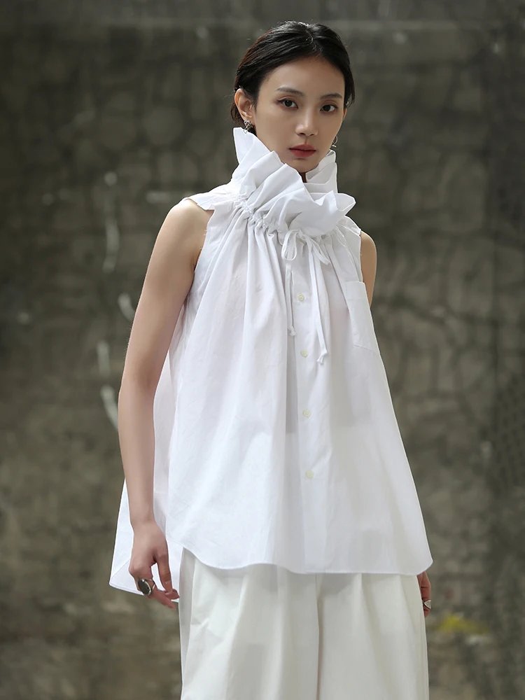 [EAM] Women White Ruffles Big Size Blouse New Stand Collar Sleeveless Loose Fit Shirt Fashion Tide Spring Summer 2025 1DF7975