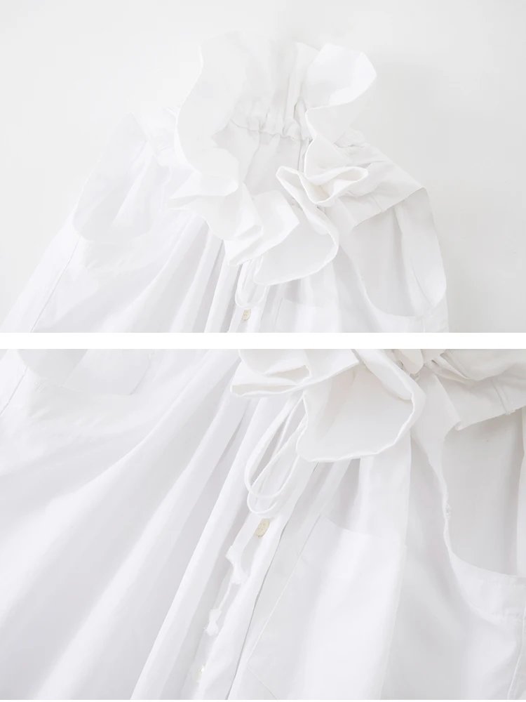 [EAM] Women White Ruffles Big Size Blouse New Stand Collar Sleeveless Loose Fit Shirt Fashion Tide Spring Summer 2025 1DF7975