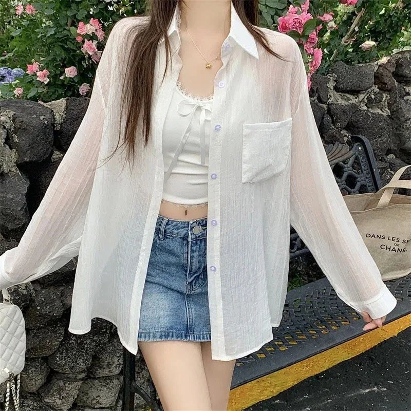 Women's Summer Sun Protection Shirts Casual Loose with Pocket Chiffon Blouses Female Korean Chic Thin Breathable Slimming Shirt Women's Summer Sun Protection Shirts Casual Loose with Pocket Chiffon Blouses Female Korean Chic Thin Breathable Slimming Shirt
