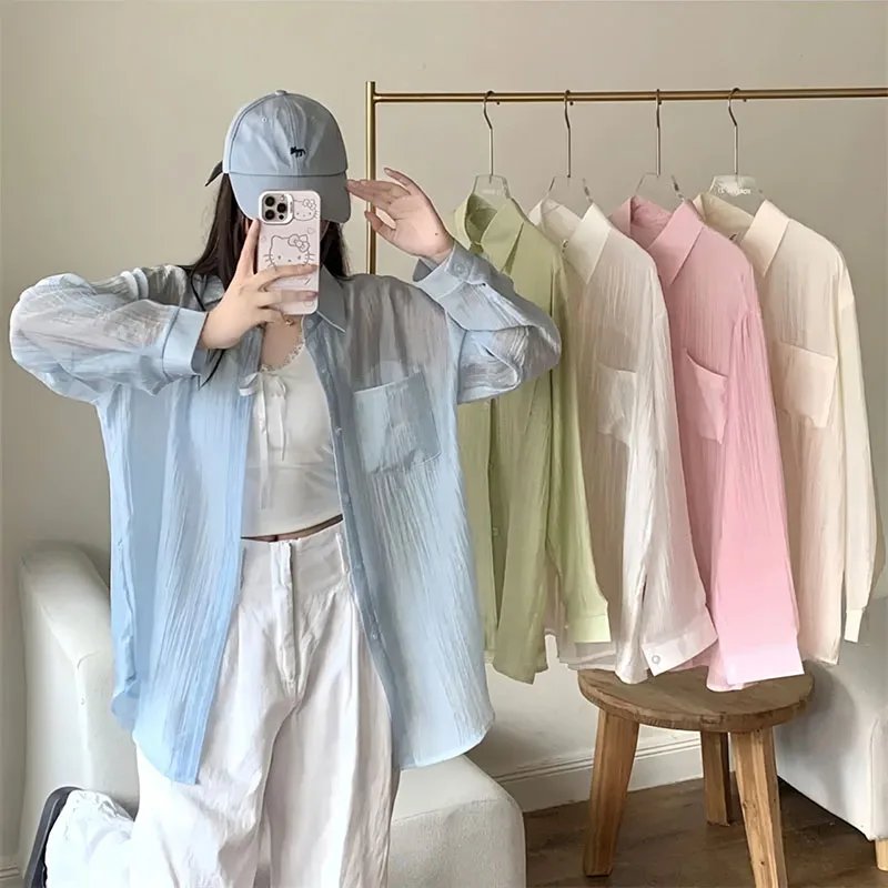 Women's Summer Sun Protection Shirts Casual Loose with Pocket Chiffon Blouses Female Korean Chic Thin Breathable Slimming Shirt Women's Summer Sun Protection Shirts Casual Loose with Pocket Chiffon Blouses Female Korean Chic Thin Breathable Slimming Shirt