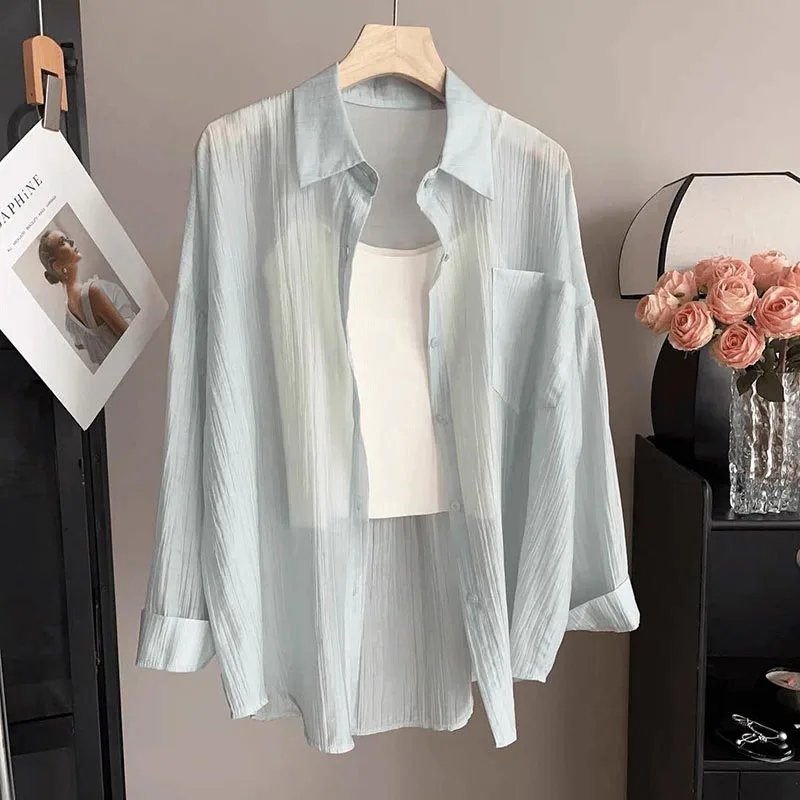 Women's Summer Sun Protection Shirts Casual Loose with Pocket Chiffon Blouses Female Korean Chic Thin Breathable Slimming Shirt Women's Summer Sun Protection Shirts Casual Loose with Pocket Chiffon Blouses Female Korean Chic Thin Breathable Slimming Shirt